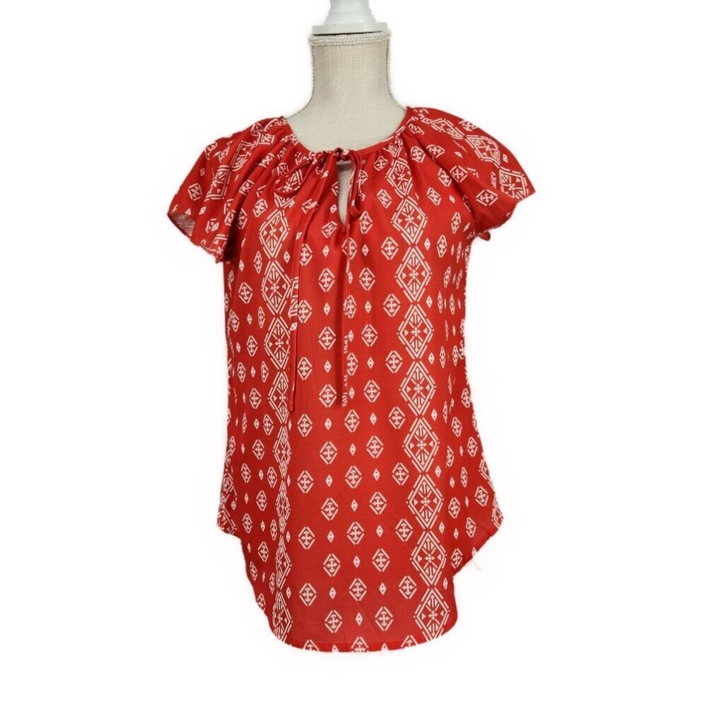 Simple Fun Flutter Sleeve Women’s Blouse M Pullover Round Neck Tie Office